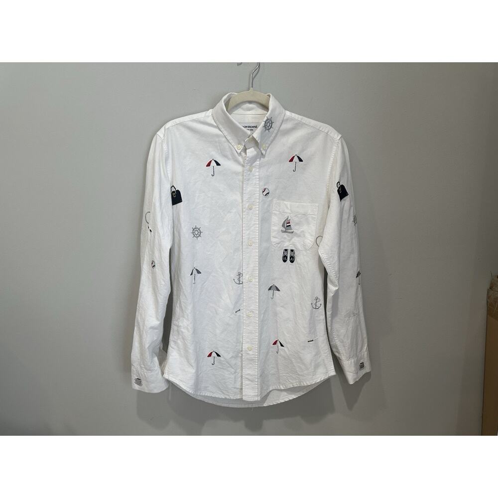 Thom Browne Travel Icon Embroidery Shirt Men White Button Down Long Sleeve Sz M‎